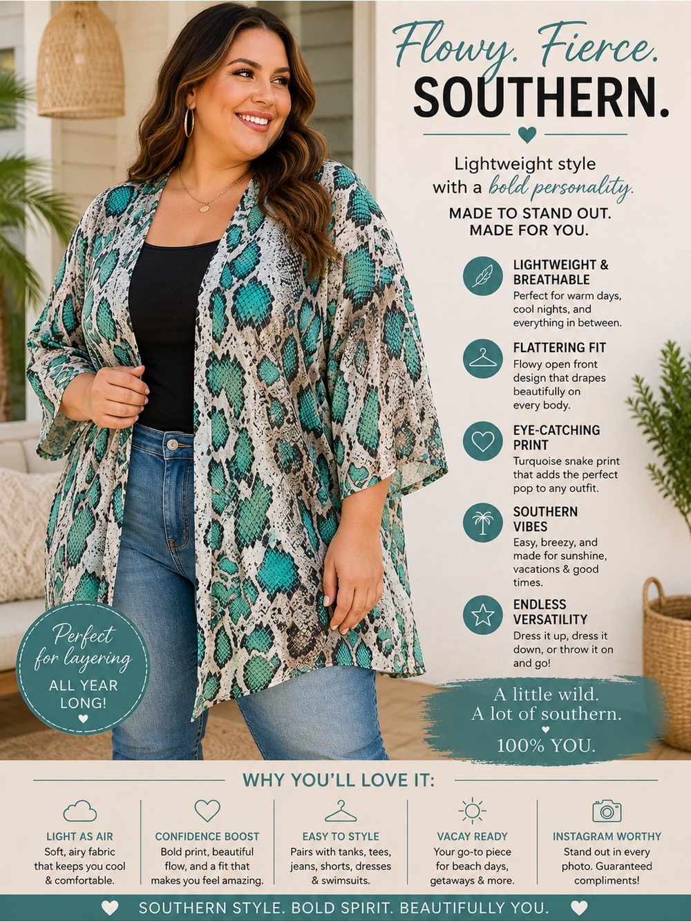 Peach Love California Turquoise Snake Print Kimono Wrap